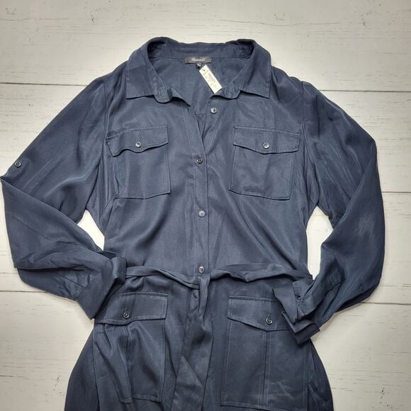 Madewell Utility Tie Waist Maxi Shirt Dress Navy Blue Button Down Pockets Large - Picture 5 of 10